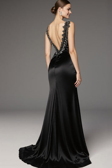 Black Satin A Line Square Neck Long Black Tie Dress with Lace